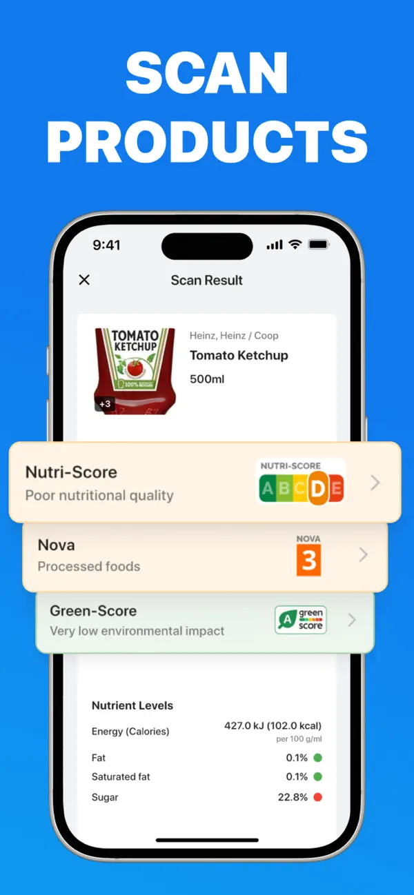 Food product scan result showing Nutri-Score, NOVA score and nutrient levels