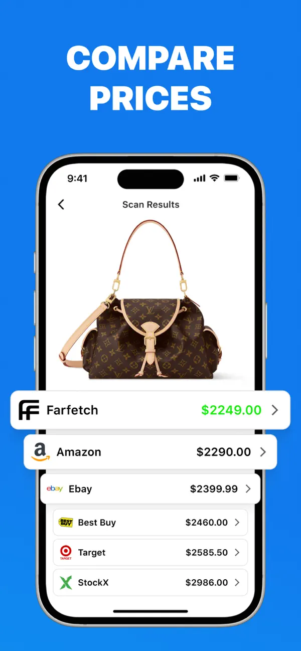 Price comparison of a scanned product across Amazon, eBay, Best Buy, Target and StockX